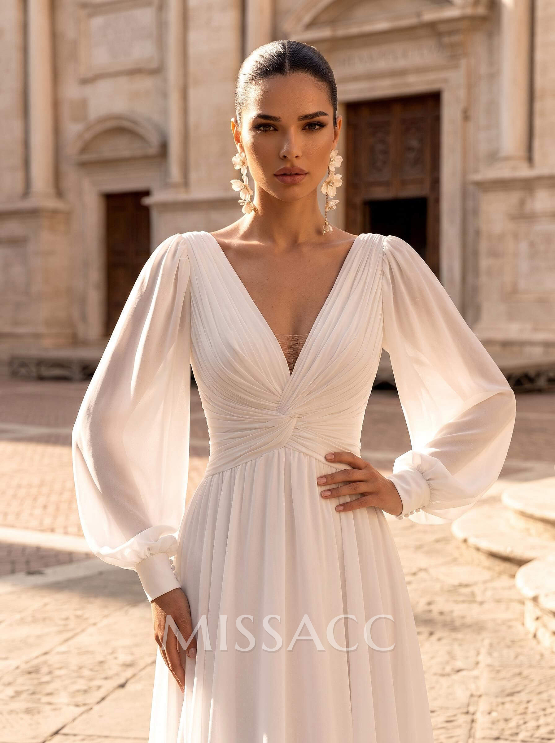 A-Line V-Neck Long Sleeve Chiffon Wedding Dress With Sweep Train And Sash A-Line V-Neck Long Sleeve Chiffon Wedding Dress With Sweep Train And Sash