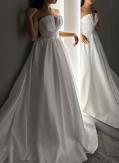 A-Line Strapless Sleeveless Sweep Train Satin Wedding Dresses With Ruffle