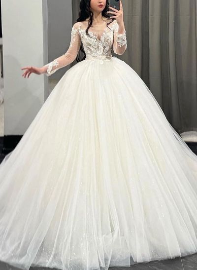 Ball-Gown Illusion Neck Long Sleeves Tulle Wedding Dresses With Appliques Lace