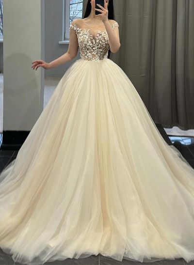 Ball-Gown Illusion Neck Long Sleeves Tulle Wedding Dresses With Appliques Lace