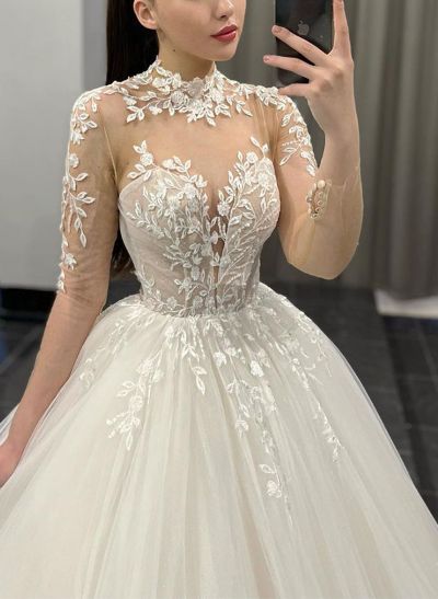 Ball-Gown High Neck Long Sleeves Tulle Wedding Dresses With Appliques Lace