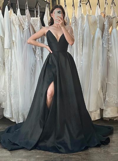 A-Line Strapless Sleeveless Satin Wedding Dresses With Split Front