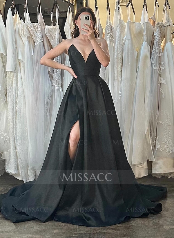 A-Line Strapless Sleeveless Satin Wedding Dresses With Split Front