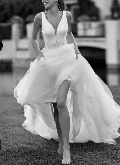 A-Line V-Neck Sleeveless Sweep Train Satin/Tulle Wedding Dresses