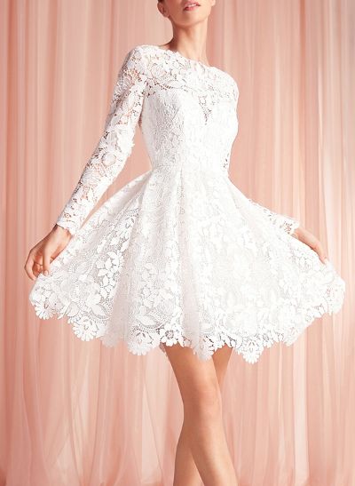 A-Line Scoop Neck Long Sleeves Short/Mini Lace Wedding Dresses