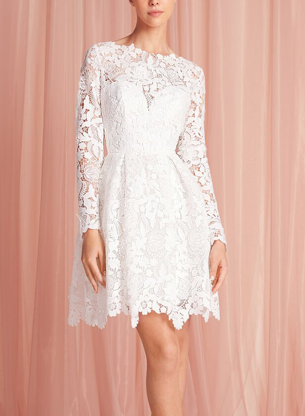 A-Line Scoop Neck Long Sleeves Short/Mini Lace Wedding Dresses