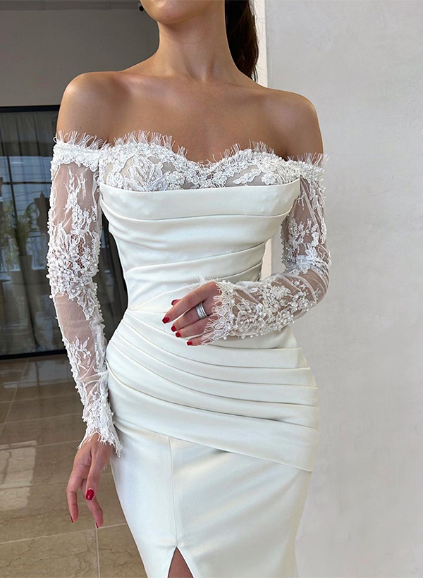 Sheath/Column Strapless Long Sleeves Satin Wedding Dresses With Lace