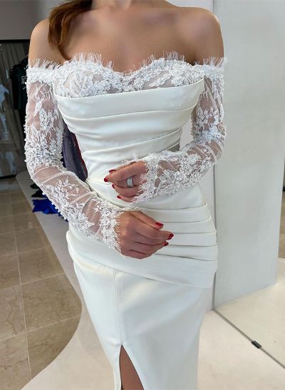 Sheath/Column Strapless Long Sleeves Satin Wedding Dresses With Lace