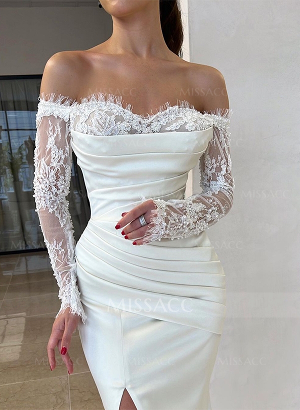 Sheath/Column Strapless Long Sleeves Satin Wedding Dresses With Lace