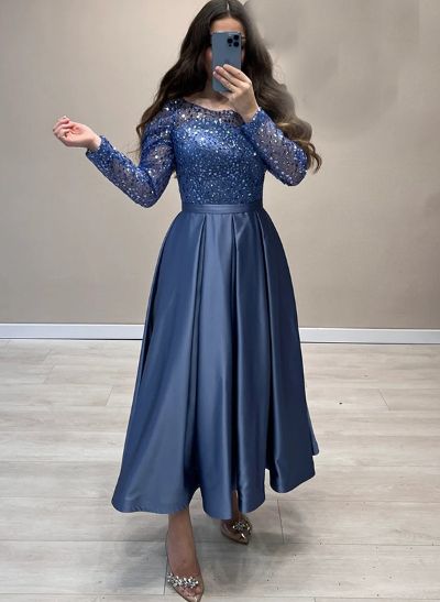 A-Line Scoop Neck Long Sleeves Tea-Length Sequined Cocktail Dresses