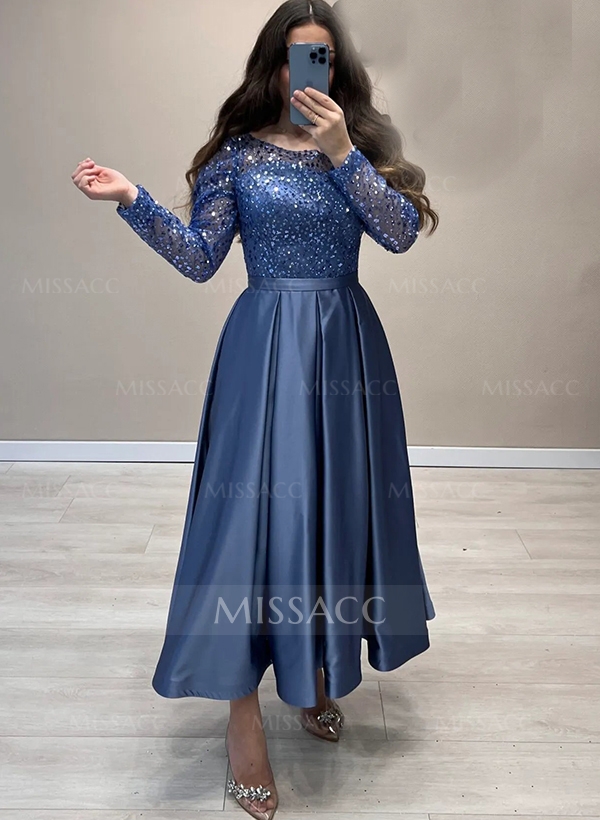 A-Line Scoop Neck Long Sleeves Ankle-Length Sequined Cocktail Dresses