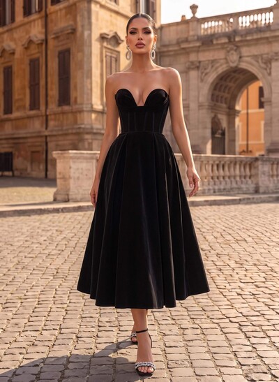 A-Line Sweetheart Sleeveless Tea-Length Velvet Cocktail Dresses