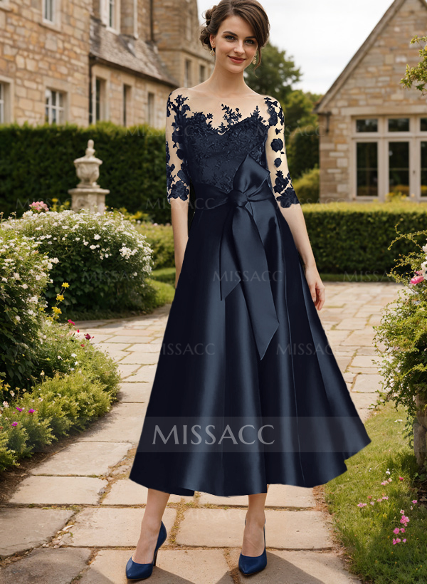 A-Line Illusion Neck 3/4 Sleeves Tea-Length Lace/Satin Mother Of The Bride Dresses