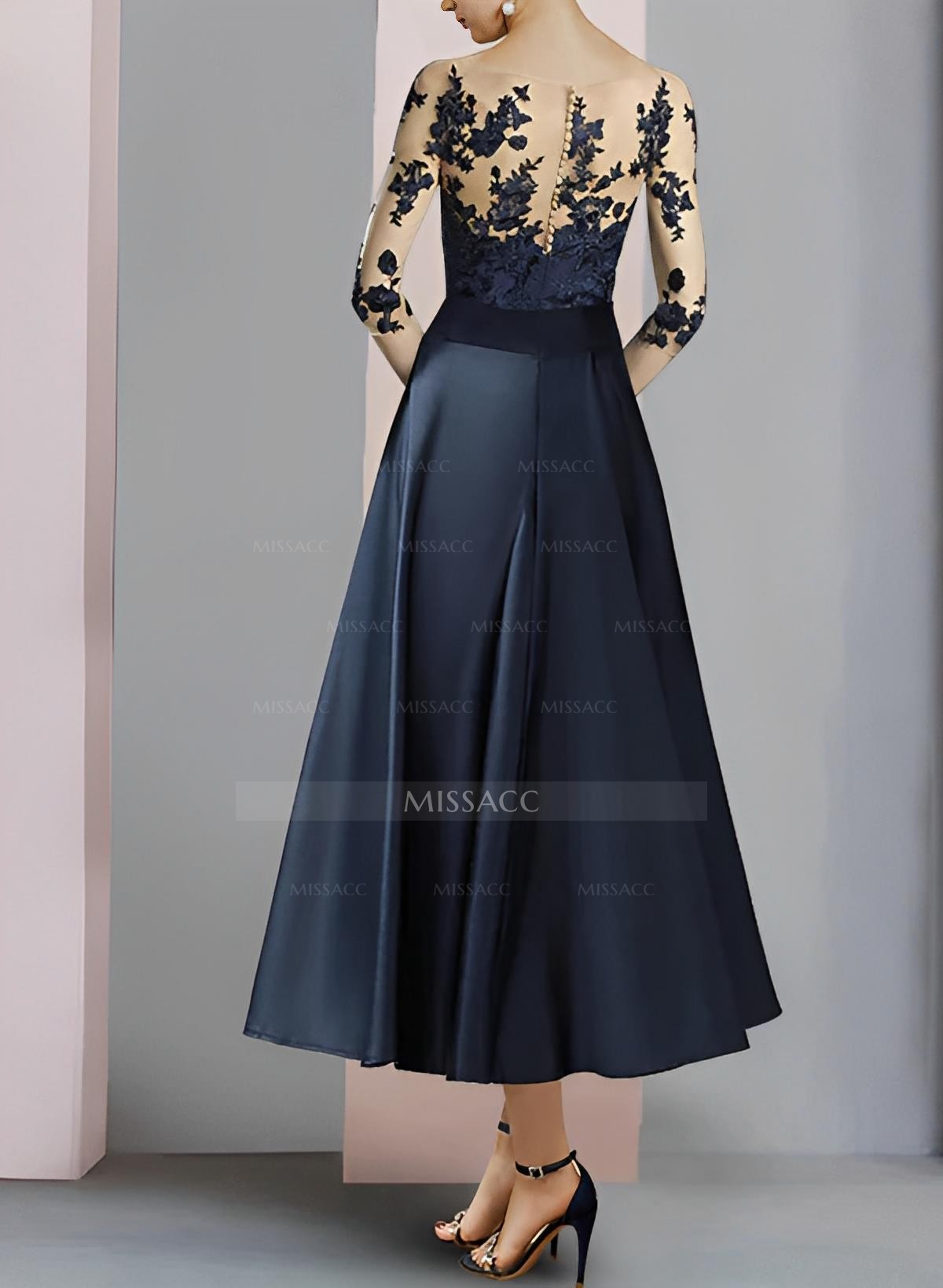 A-Line Illusion Neck 3/4 Sleeves Tea-Length Lace/Satin Mother Of The Bride Dresses