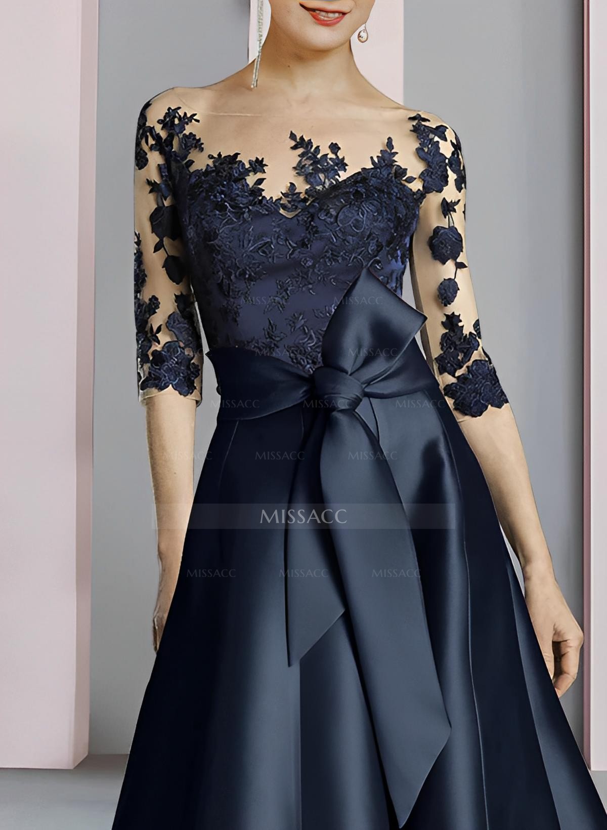 A-Line Illusion Neck 3/4 Sleeves Tea-Length Lace/Satin Mother Of The Bride Dresses