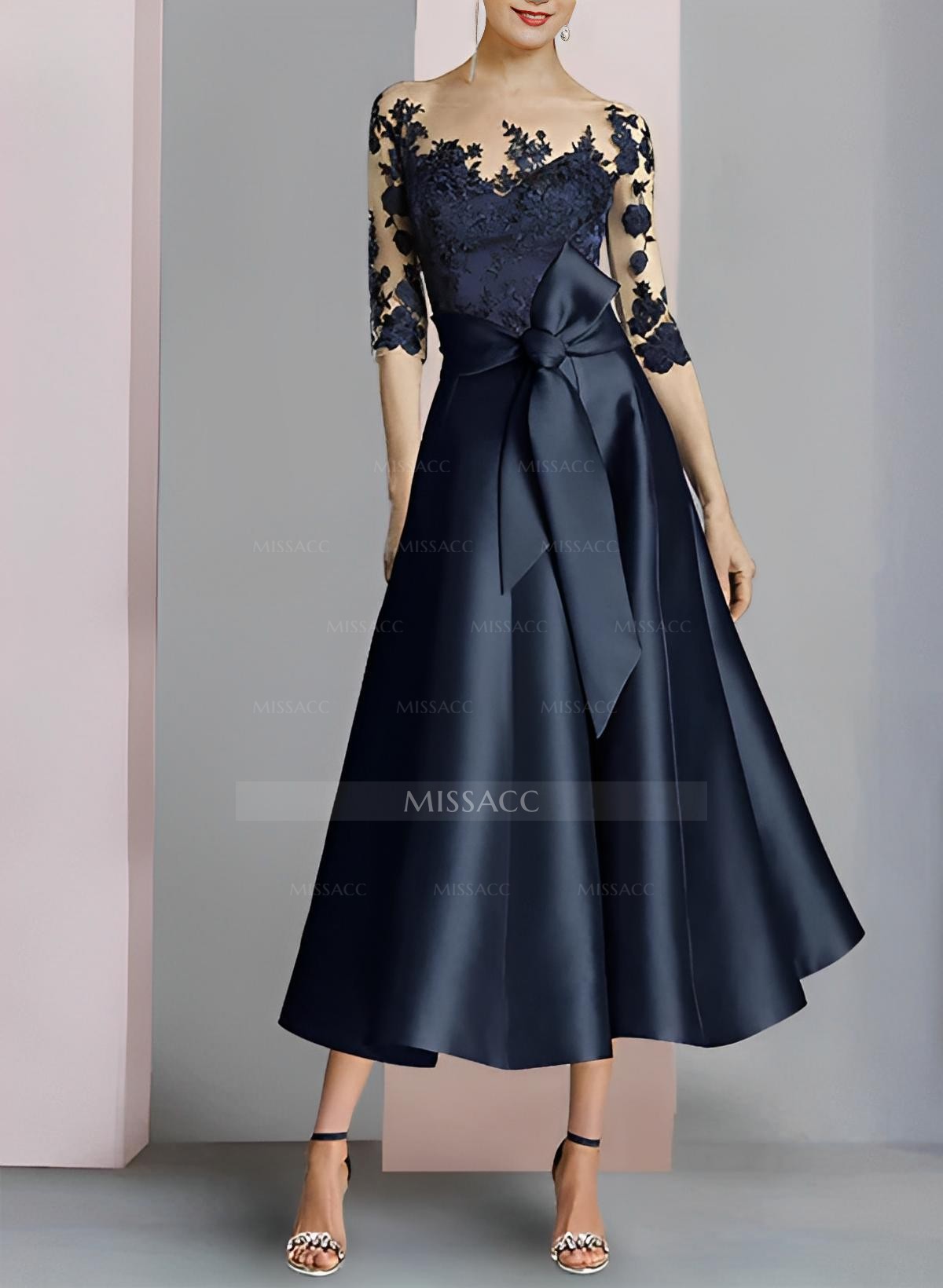 A-Line Illusion Neck 3/4 Sleeves Tea-Length Lace/Satin Mother Of The Bride Dresses