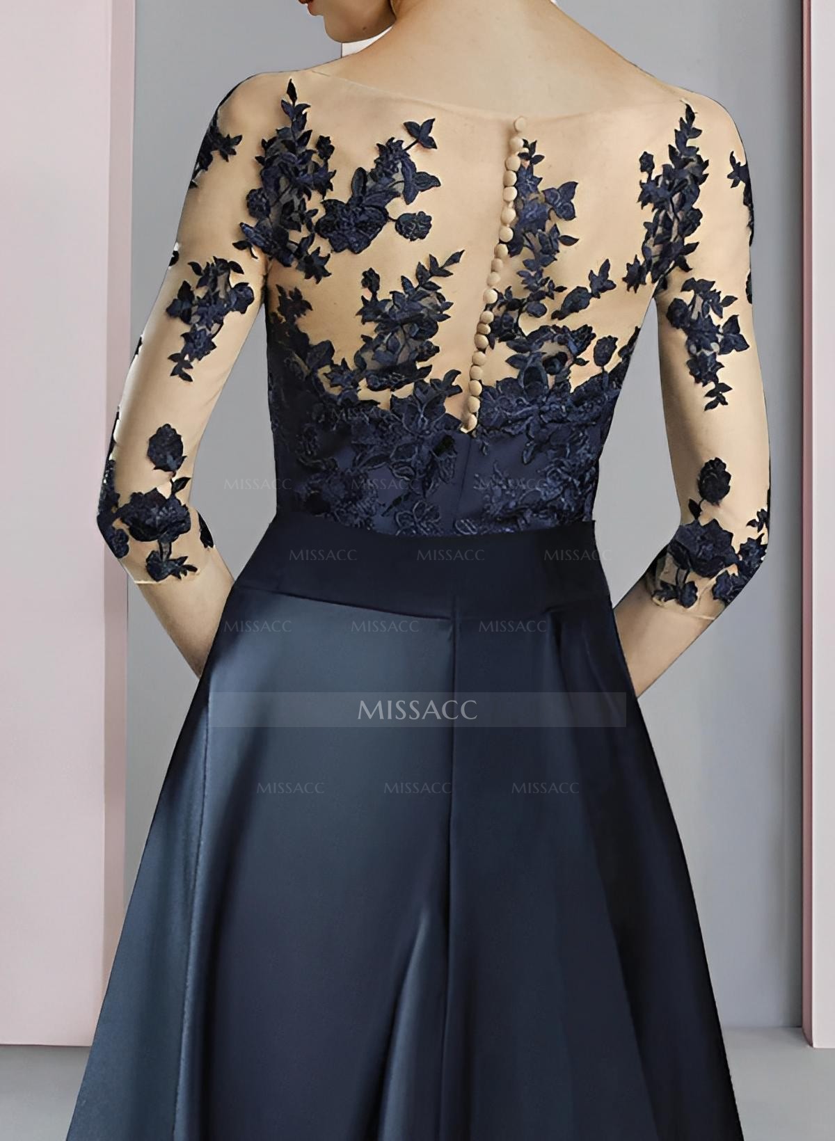 A-Line Illusion Neck 3/4 Sleeves Tea-Length Lace/Satin Mother Of The Bride Dresses