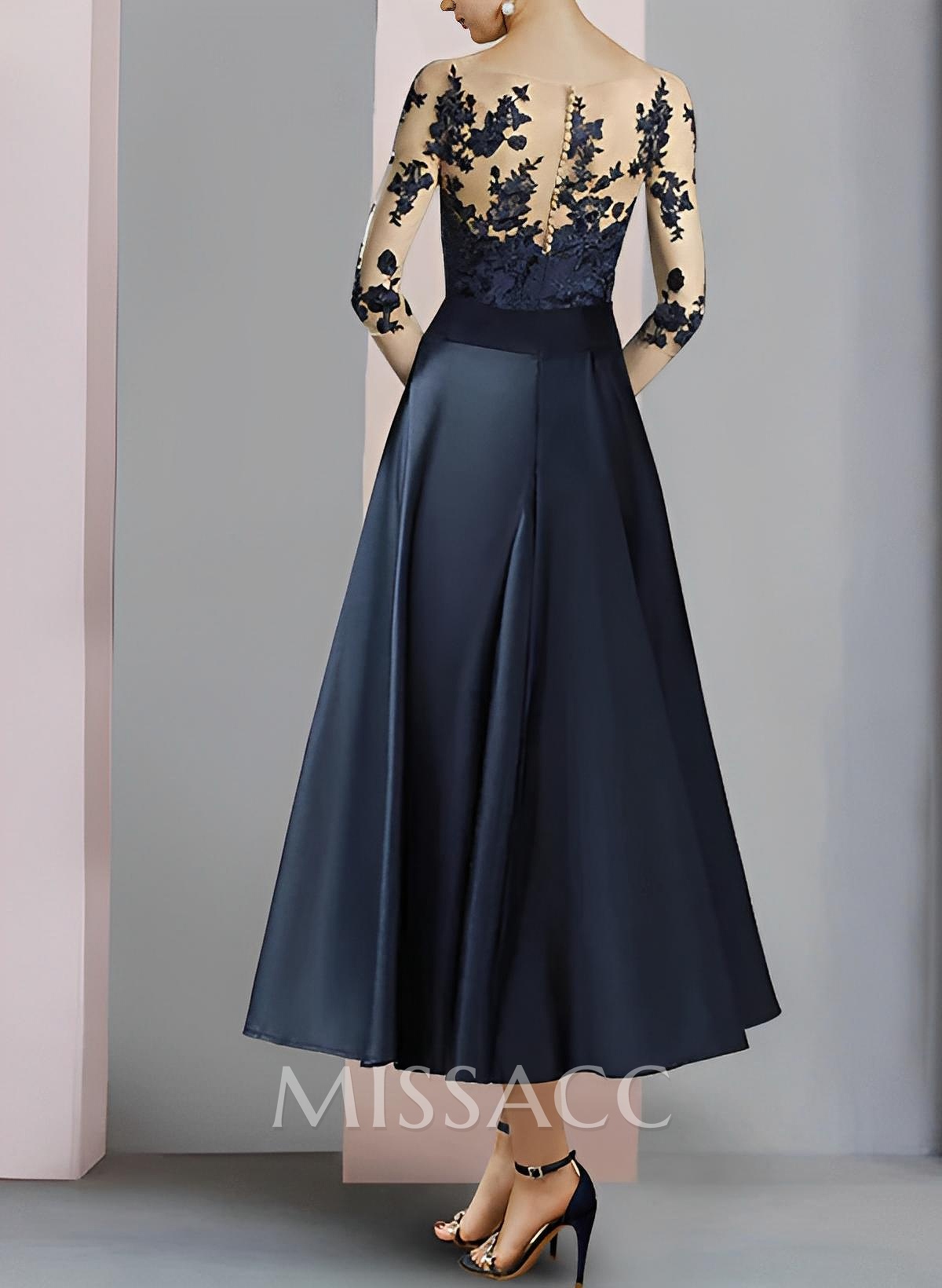 A-Line Illusion Neck 3/4 Sleeves Tea-Length Lace/Satin Mother Of The Bride Dresses