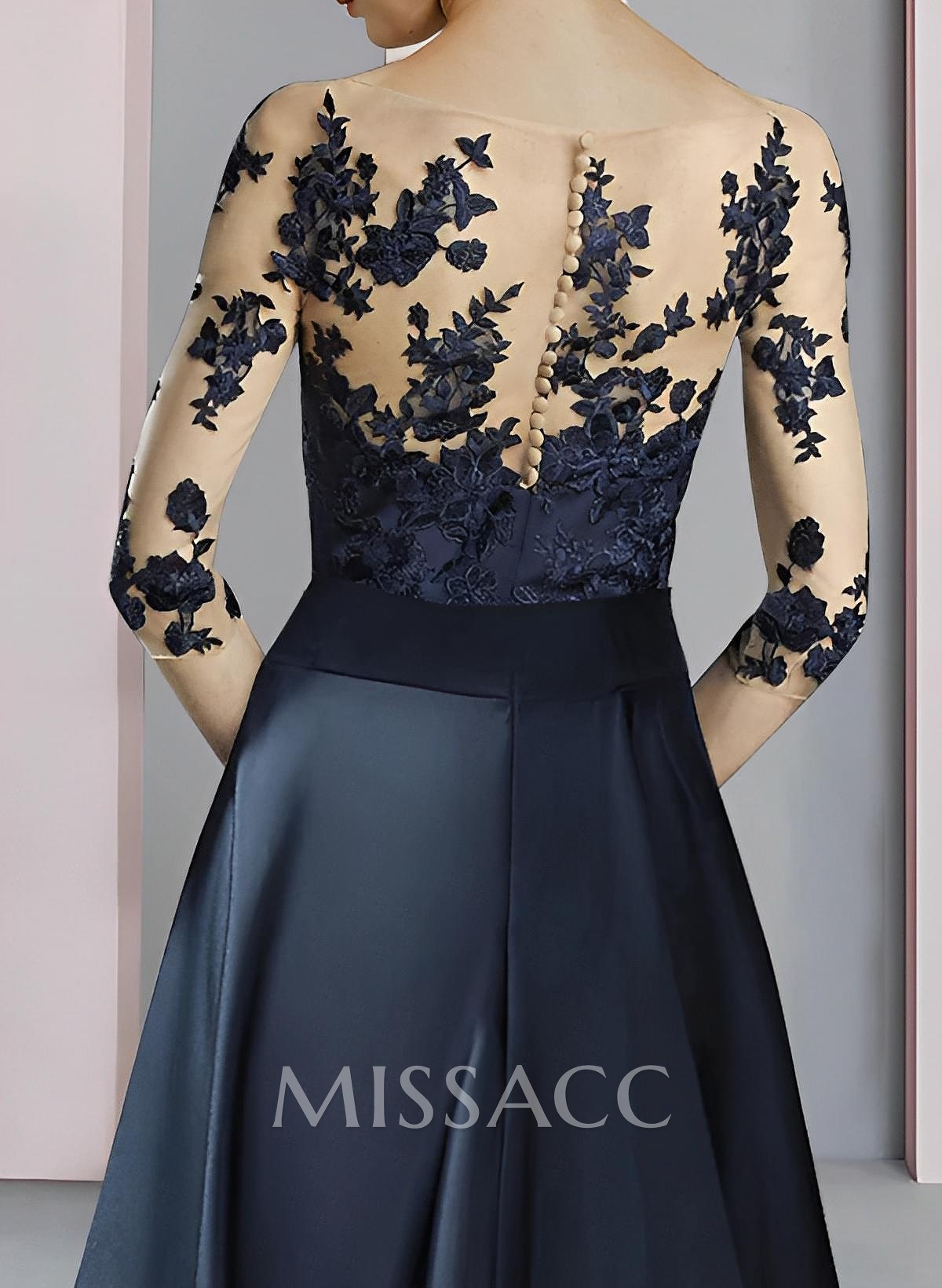 A-Line Illusion Neck 3/4 Sleeves Tea-Length Lace/Satin Mother Of The Bride Dresses