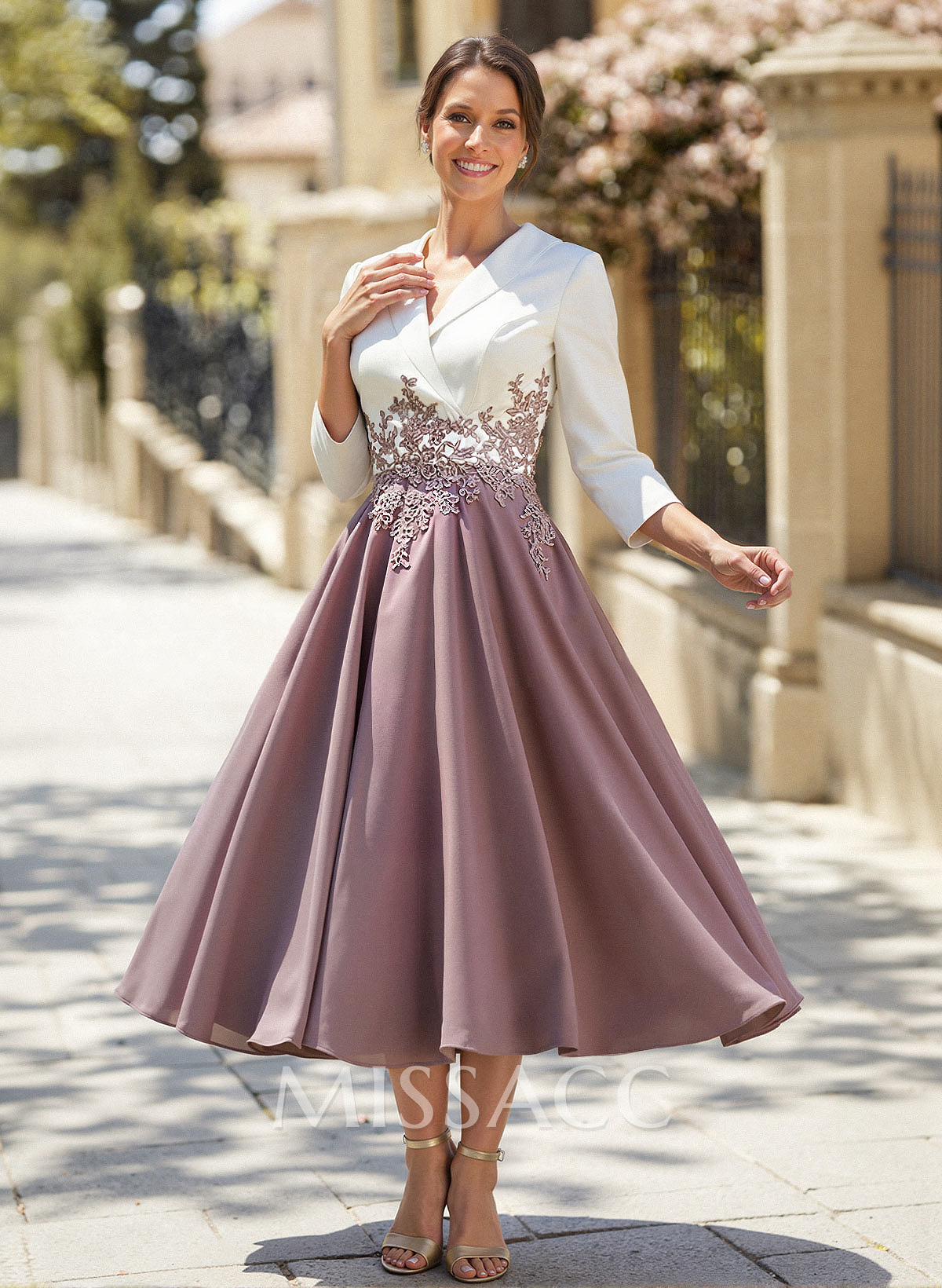 A-Line V-Neck 3/4 Sleeves Chiffon Lace Cocktail Dresses