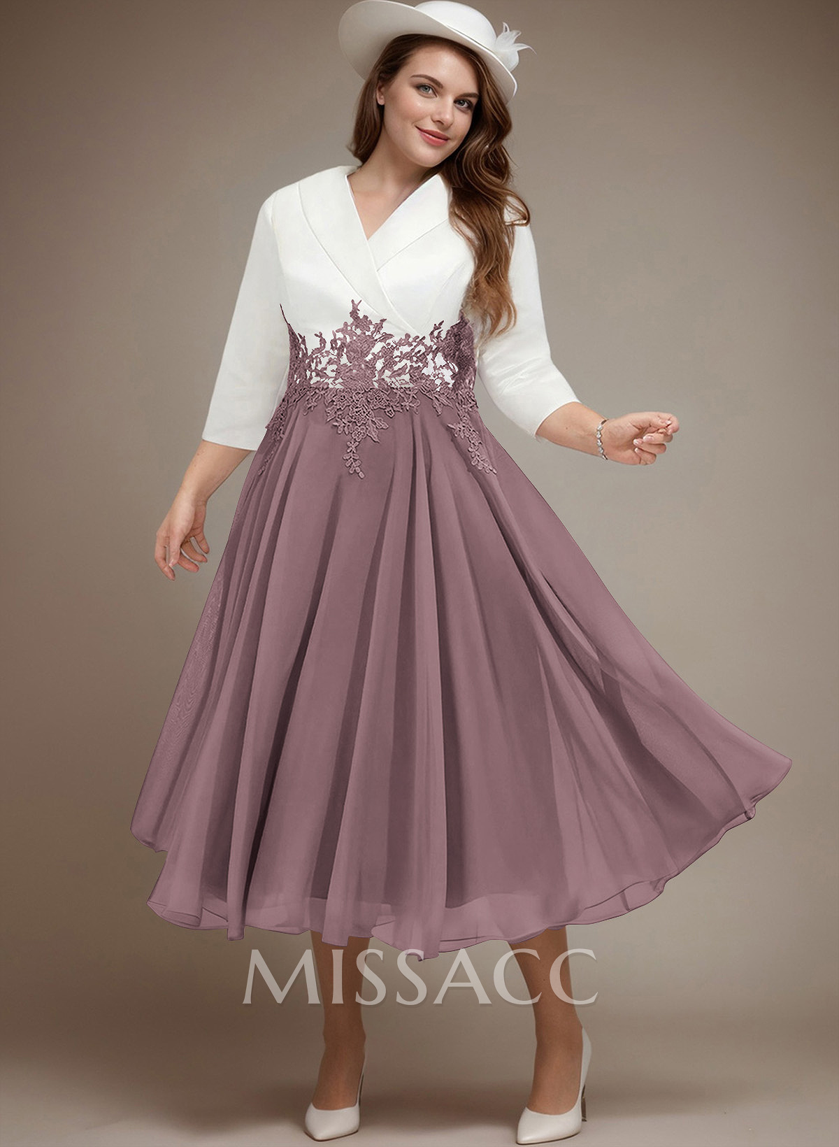 A-Line V-Neck 3/4 Sleeves Chiffon Lace Cocktail Dresses