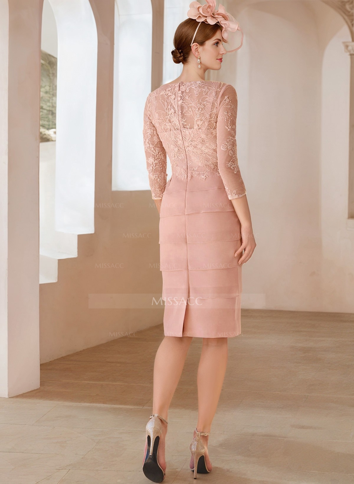 Sheath/Column V-Neck 3/4 Sleeves Chiffon/Lace Cocktail Dresses