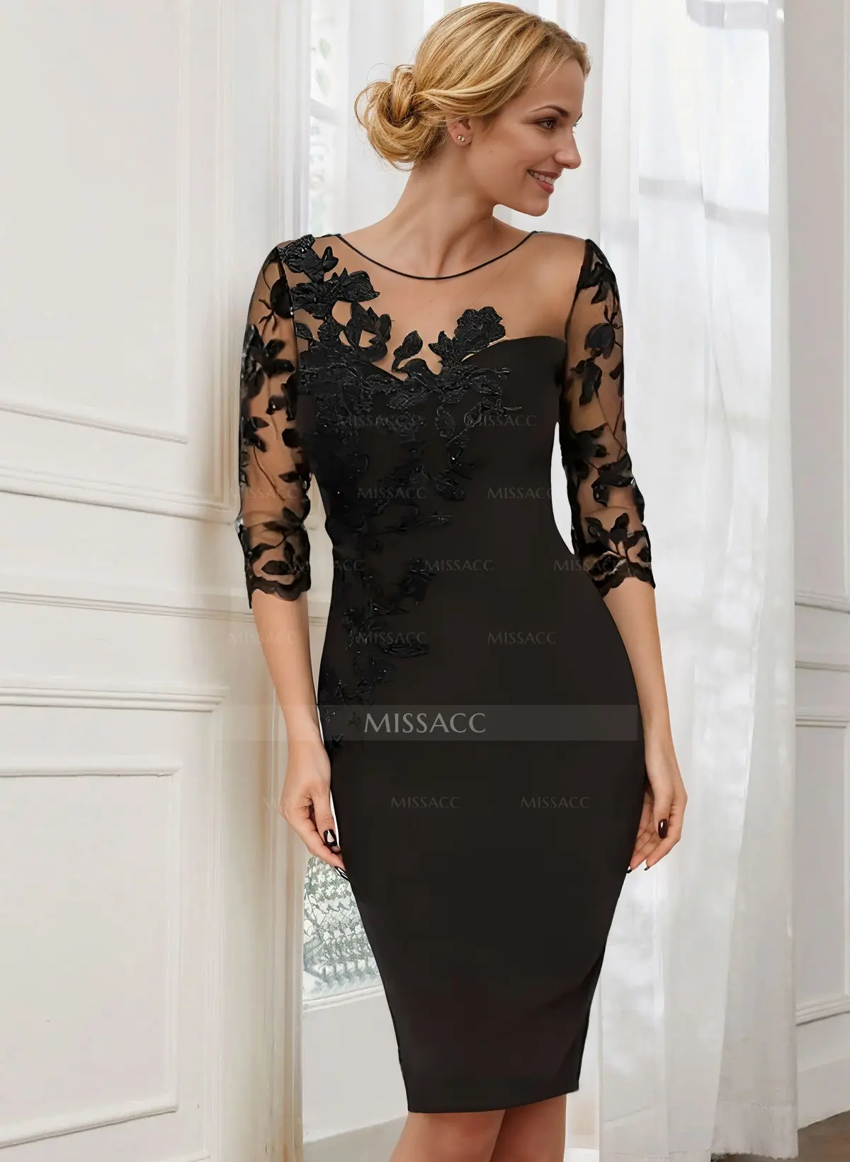 Missacc Cabernet Cocktail Dresses Sheath/Column Illusion Neck 3/4 Sleeves Elastic Satin Cocktail Dresses