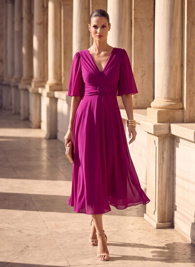 Tea-Length A-Line V-Neck Mother Of The Bride Dresses