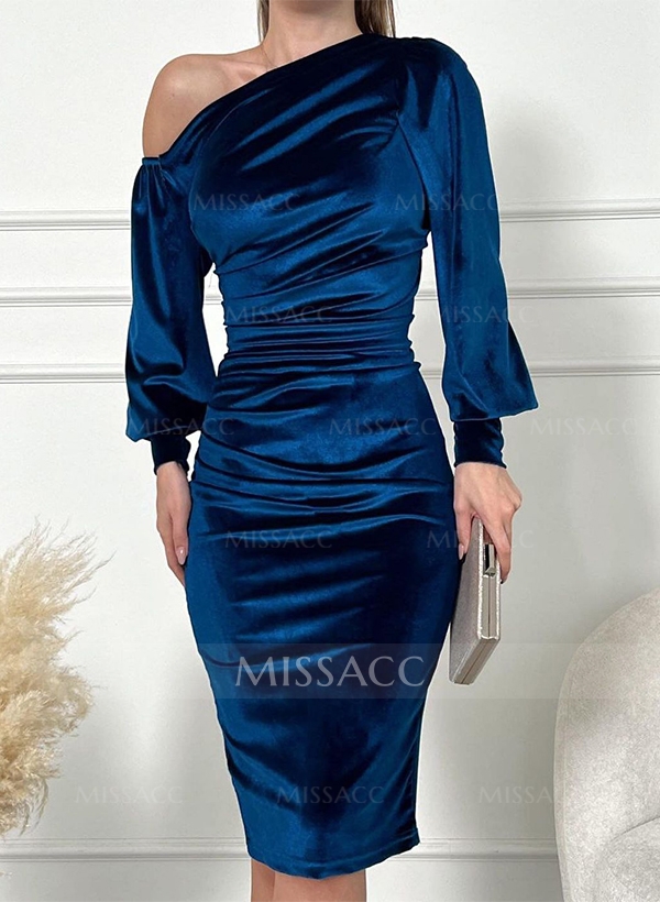 Sheath/Column One-Shoulder Long Sleeves Velvet Cocktail Dresses