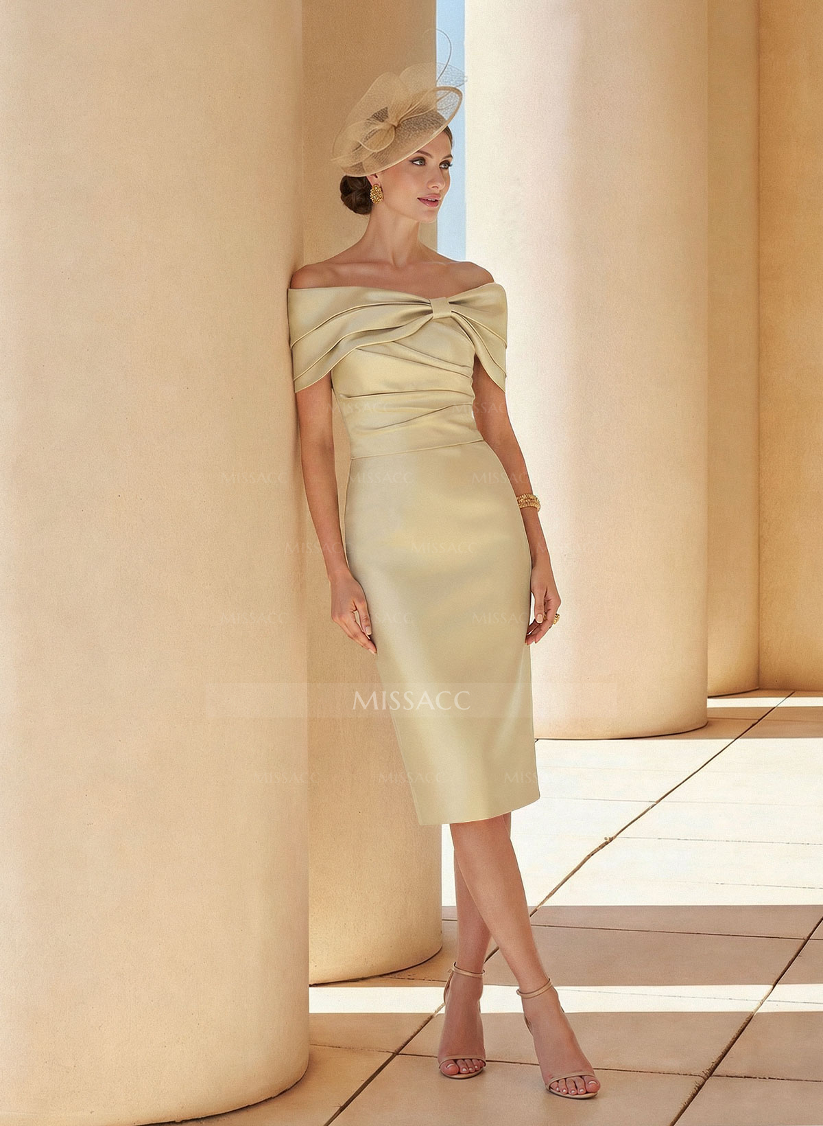 Sheath/Column Off-The-Shoulder Sleeveless Satin Cocktail Dresses With Bow(s)