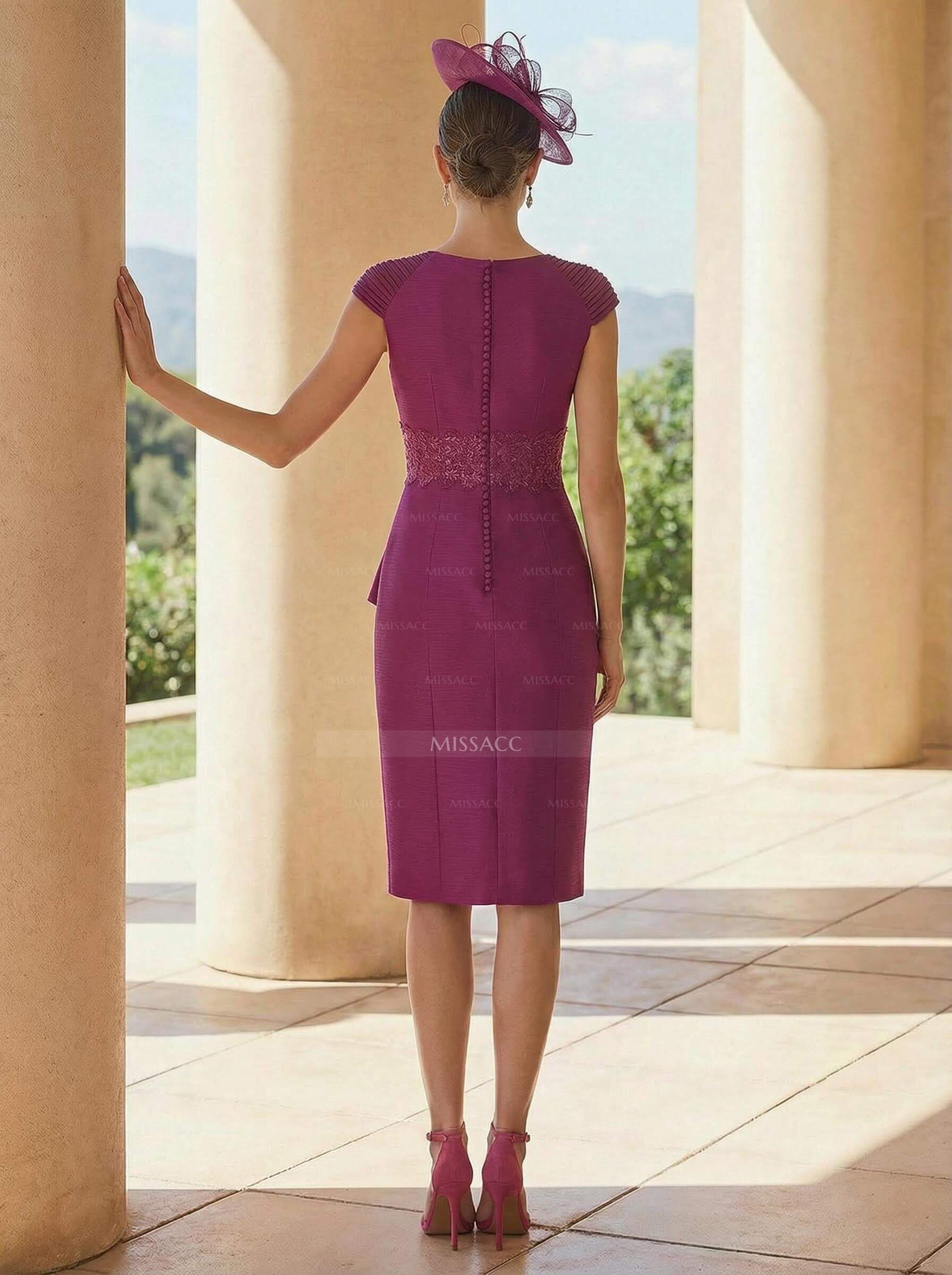 Sheath/Column V-Neck Short Sleeves Satin Cocktail Dresses With Cascading Ruffles