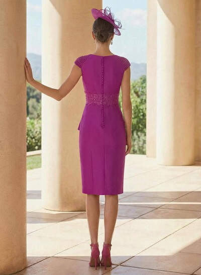 Sheath/Column V-Neck Short Sleeves Satin Cocktail Dresses With Cascading Ruffles