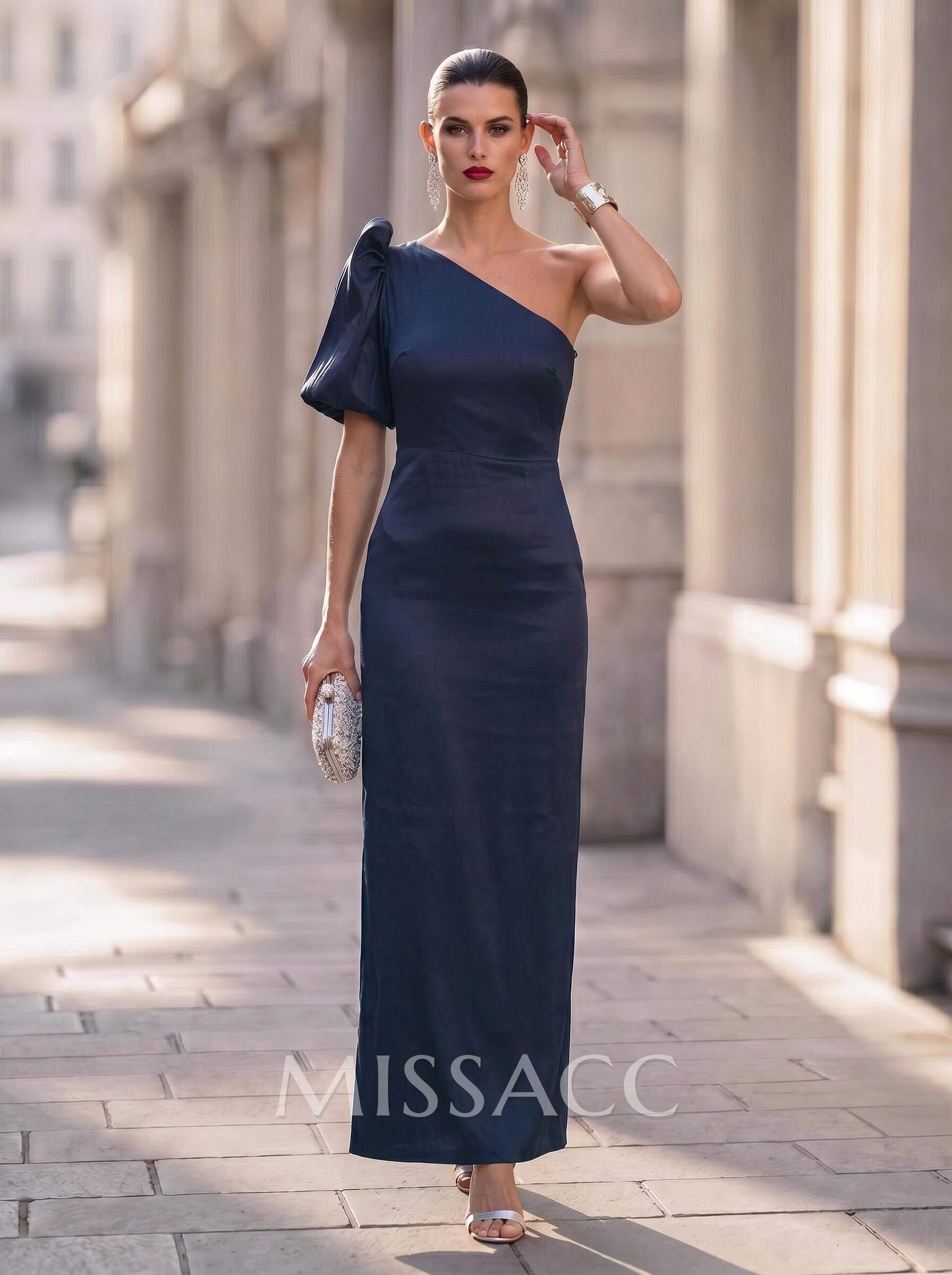 Sheath/Column One-Shoulder Short Sleeves Silk Like Satin Cocktail Dresses