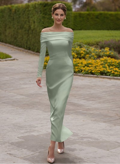 Sheath/Column Off-The-Shoulder Silk Like Satin Cocktail Dresses With Beading