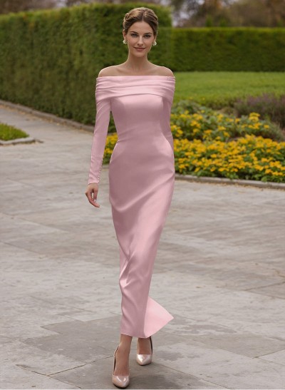 Sheath/Column Off-The-Shoulder Silk Like Satin Cocktail Dresses With Beading