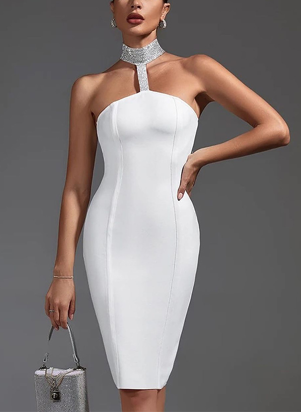 Sheath/Column Halter Sleeveless Elastic Satin Cocktail Dresses With Rhinestone