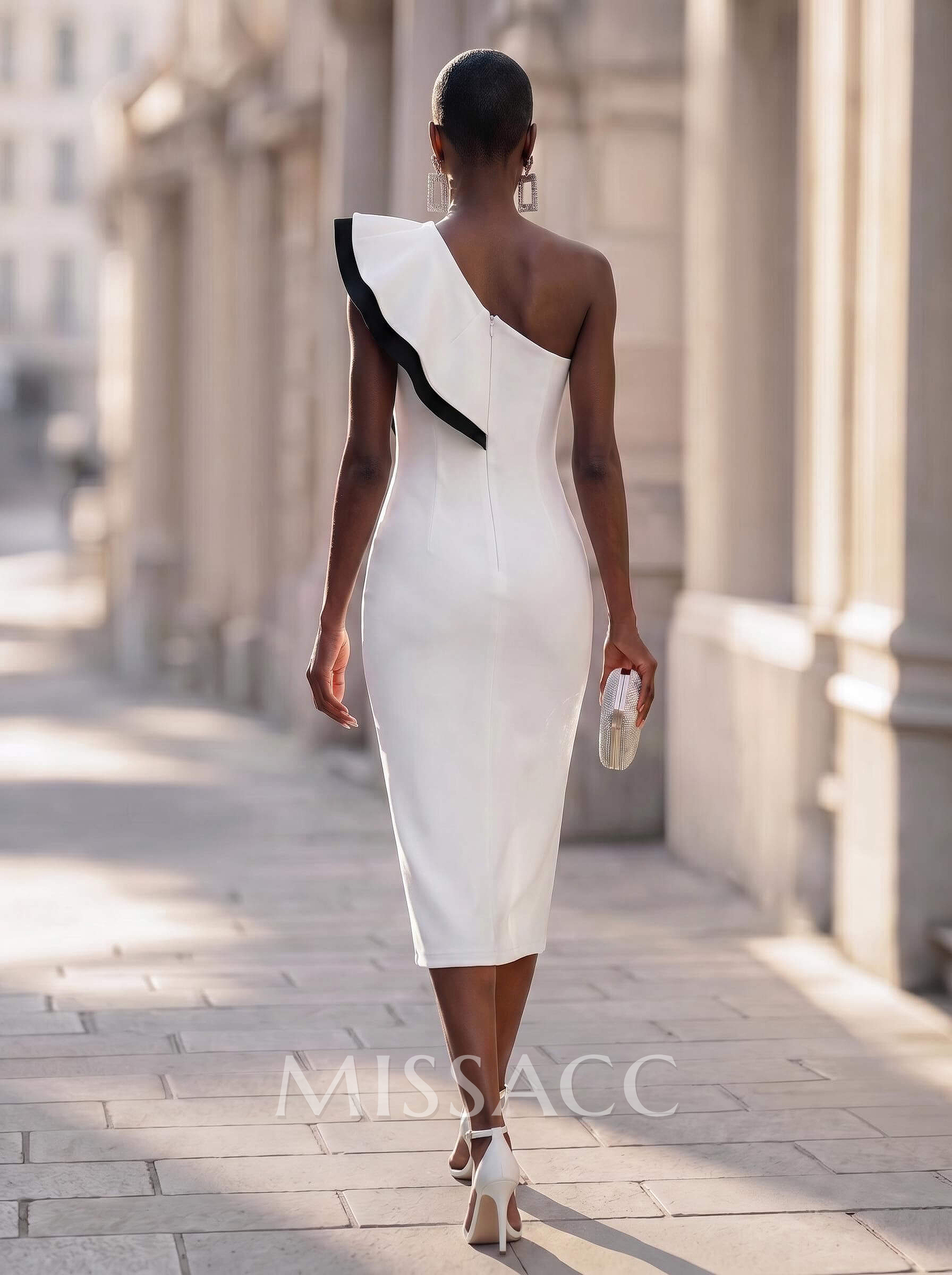Sheath/Column One-Shoulder Sleeveless Elastic Satin Cocktail Dresses With Ruffle Sheath/Column One-Shoulder Sleeveless Elastic Satin Cocktail Dresses With Ruffle