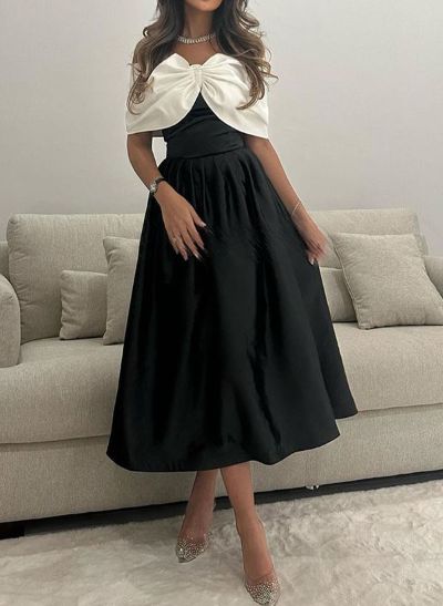 A-Line Off-The-Shoulder Sleeveless Silk Like Satin Cocktail Dresses With Bow(s)