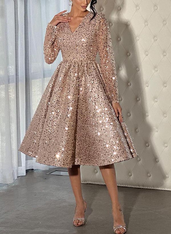 Ball-Gown V-Neck Long Sleeves Knee-Length Sequined Cocktail Dresses