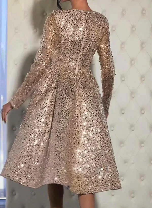 Missacc Cocktail Dresses Ball-Gown V-Neck Long Sleeves Knee-Length Sequined Cocktail Dresses