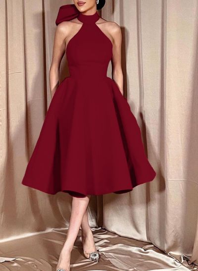 Ball-Gown Halter Sleeveless Knee-Length Satin Cocktail Dresses With Bow(s)