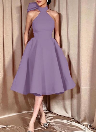 Ball-Gown Halter Sleeveless Knee-Length Satin Cocktail Dresses With Bow(s)