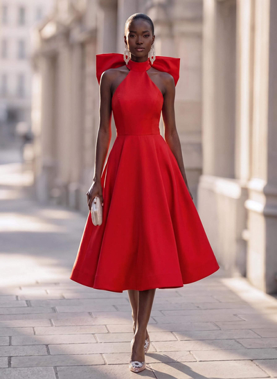 Ball-Gown Halter Sleeveless Knee-Length Satin Cocktail Dresses With Bow(s)