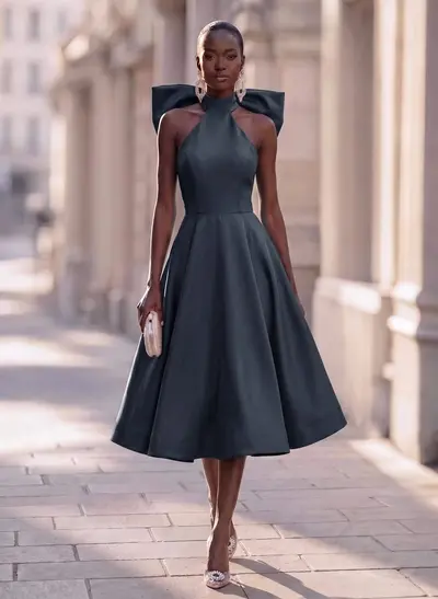 Ball-Gown Halter Sleeveless Knee-Length Satin Cocktail Dresses With Bow(s)