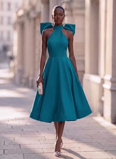 Ball-Gown Halter Sleeveless Knee-Length Satin Cocktail Dresses With Bow(s)
