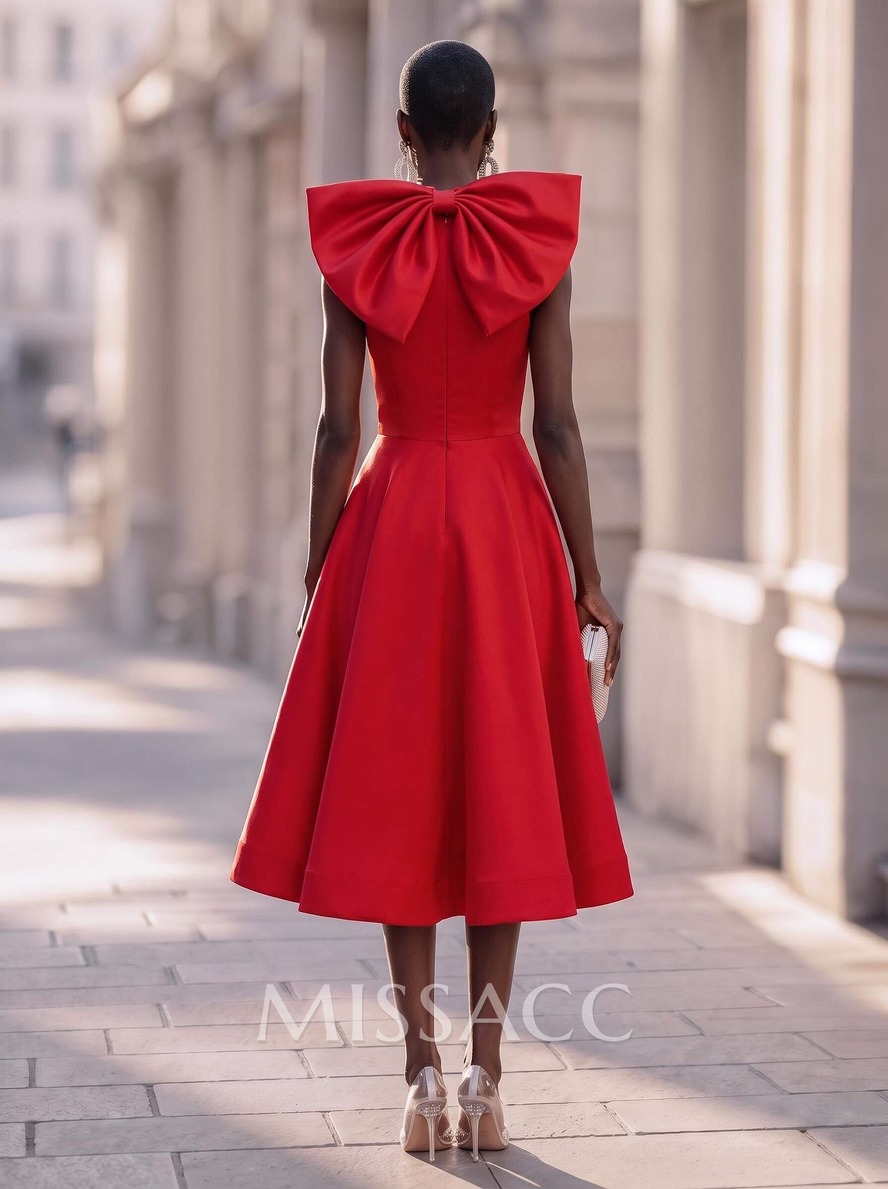 Ball-Gown Halter Sleeveless Knee-Length Satin Cocktail Dresses With Bow(s)
