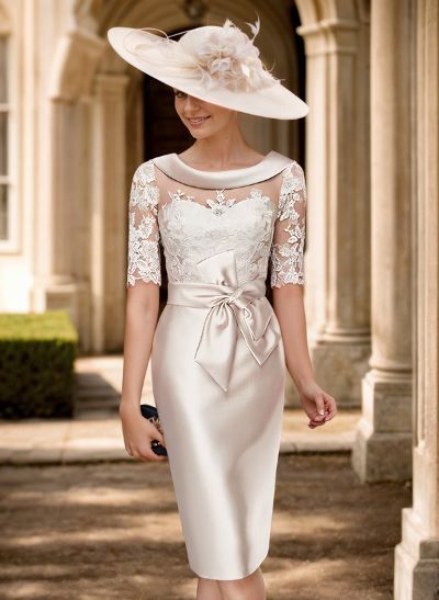 Sheath/Column Scoop Neck Satin Mother Of The Bride Dresses With Appliques Lace