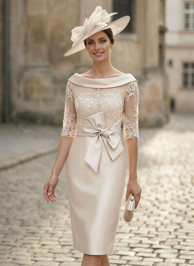 Sheath/Column Scoop Neck Satin Cocktail Dresses With Appliques Lace
