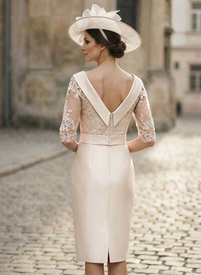 Sheath/Column Scoop Neck Satin Cocktail Dresses With Appliques Lace