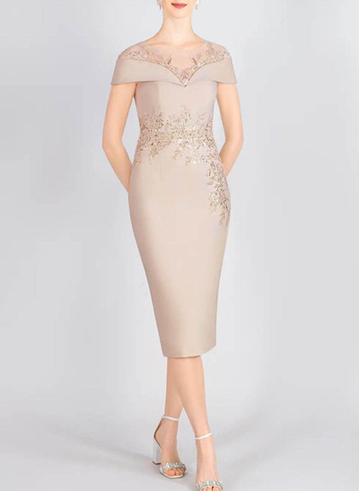 Sheath/Column Off-The-Shoulder Elastic Satin Cocktail Dresses With Appliques Lace